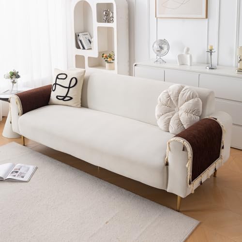 Image of HOKIPO 'Serenity Tassel' Chenille Sofa Arm Cover with Tassels - 1 Pair | Chestnut Luke (IN-893-BR*2)