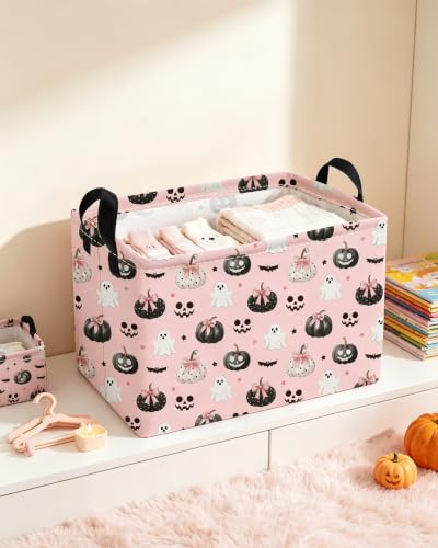 Image of Essme Rectangular Halloween Baskets,Ghost Storage Box,Cute Basket for Kids with Handles for Room Decor, Book Bins,Shelf Basket.(Bow Ghost)