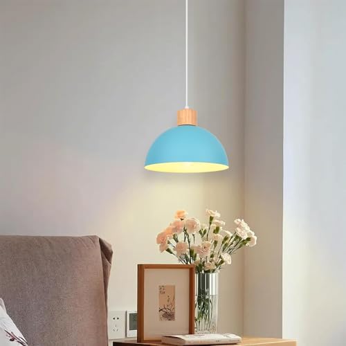 iDEGU 25cm Retro Pendant Light E27 LED Ceiling Light Modern Scandinavian Style Hemisphere Hanging Lampshade Metal Wood Pendant Light Fixture for Bedroom Dining Room Kitchen Restaurant (Blue) - Image 2