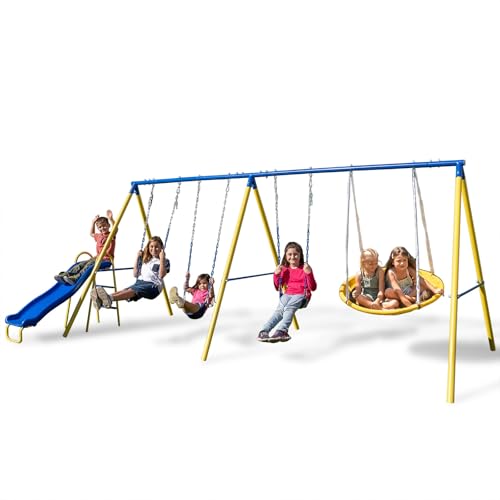 Sportspower Triple Swing & Saucer Backyard Swing Set for Kids, 600LBS, 3 Sling Swings, Saucer Swing, 5 ft Slide, Anchor Kit, Outdoor Playset for Kids Aged 3-8, 17.1' W x 7.6' D x 6.1' H