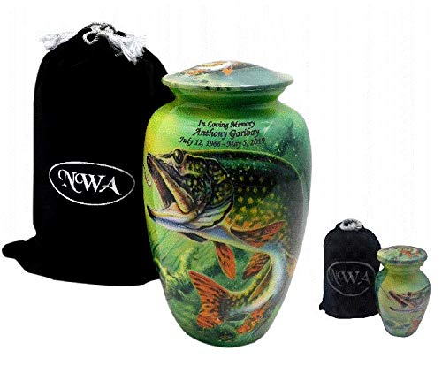 Bass Fish Urn, Fishing Cremation Urn, Fisherman Personalized Large Funeral Urn with Keepsake and Velvet Bags