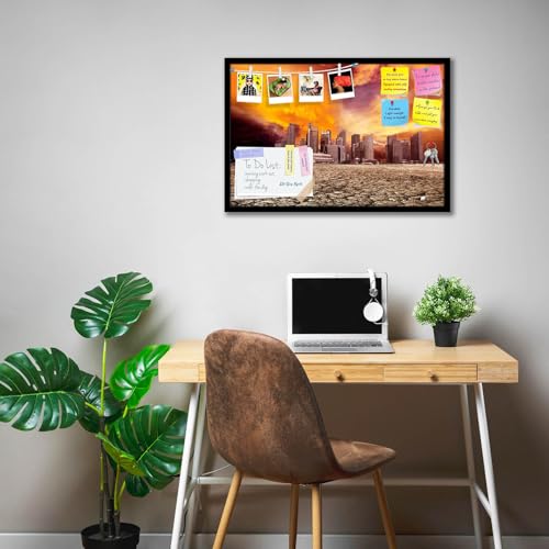 Image of ArtzFolio City Overlooking Desolate Desert | Bulletin Board Notice Pin Board | Vision Soft Board Combo with Thumb Push Pins & Sticky Notes | Black Frame | 24 x 16 inch (61 x 41 cms)