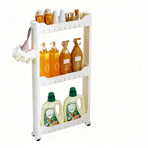 Aissiora 隙間ストッカー 3段隙間収納ワゴン 7cm超薄設計 スリムラック 調節可能 スリム棚 ボトルラック 360°静音キャスター付き 頑丈軽量 組立簡単 大容量収納 バスルーム/冷蔵庫横/洗面所対応よこ収納 (ホワイト)