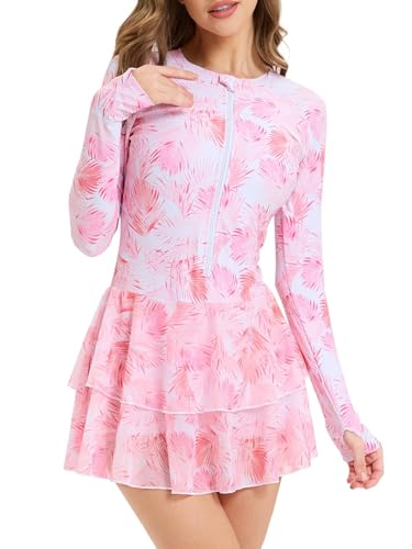 Womens Rash Guard Long Sleeve UPF 50+ Zip Up One Piece Swimsuits with Shorts Modest Swim Dress with Built in Bra