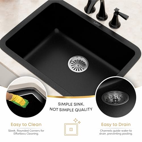 Image of LAPO Quartz Counter Top Kitchen Sink | 24x18 Inches Metallic Single Bowl Kitchen Sink | UV Protected Sink with Coupling, Hose Pipe & Drainer Basket | 3 Year Warranty (Black Finish)