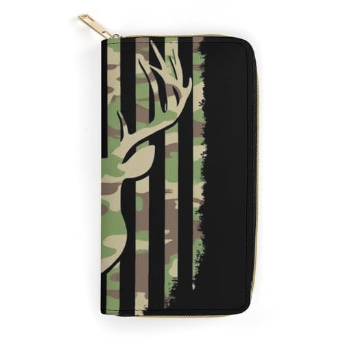 Women's Cute Decor Wallet, Long PU Zipper Wallet, Travel Purse Fashion Design, Huge Storage Capacity Purse Camouflage American Flag Hunting Deer Camo