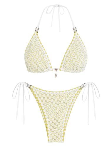 Image of ZAFUL 2 Piece Halter Bikini Sets Hollow Out Triangle Bikini for Women Sexy Bathing Suit High Waisted Side Tie Swimsuits