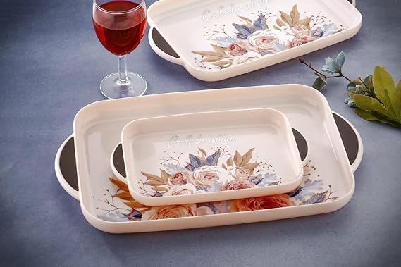 Celebration Printed Serving Tray Set Plastic Material Glossy Finish BPA Free Tray with Handle for Tea, Coffee, Snack, Kitchen and Dining Table Home Décor (Rose Pink, Set of 3)
