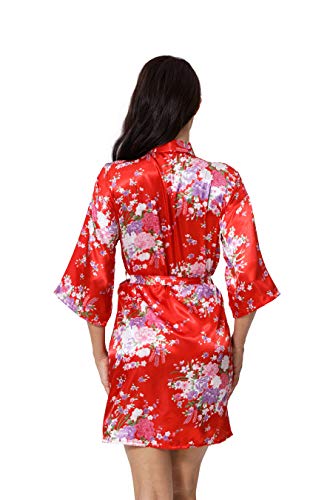 DITSONEO Womens Floral Robes Silk Satin Wrap Kimono Bathrobes Bridesmaid Wedding Party Lightweight Nightgown Red - Thumbnail 6