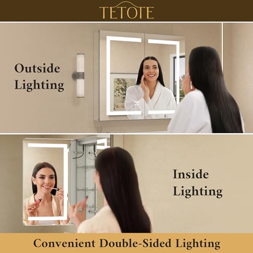TETOTE LED Lighted Medicine Cabinet with Lights 30 x 26 Recessed or Surface Mount Cabinet Mirror for Bathroom Wall, 2 Door Tempered Glass Led Vanity Cabinet, Outlets & USB, 3-Color Dimming, Anti-Fog by TETOTE - Image 5