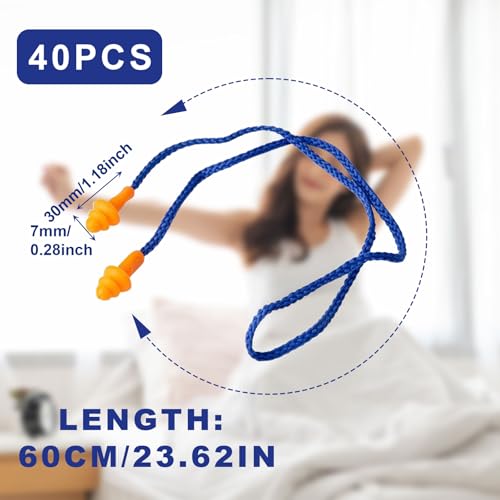 TUONYIS 40 Pairs of Silicone Wired Earplugs for Sleep, Anti-Lost with Hanging Cable for Noise Cancelling and Hearing Protection (Blue)