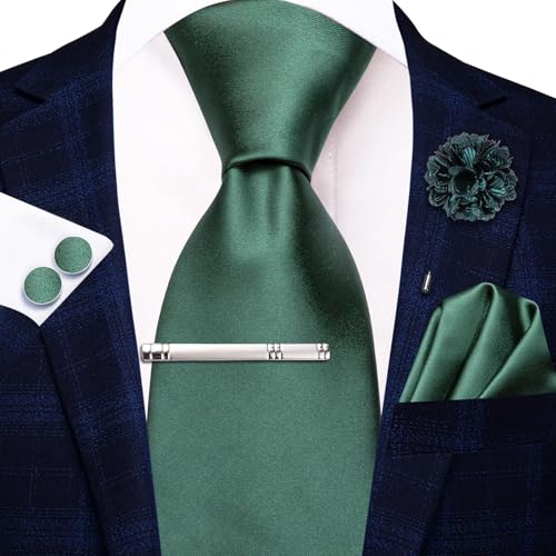 Image of Hi-Tie Silk Solid Color Dark Green Men Neckties Classic Tie and Pocket Square Lapel Pin Silver Tie Clip Cufflinks Set Wedding Business 6PCS