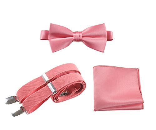Tuxgear Mens Pretied Bow Tie Suspender Pocket Square Set (Coral, 48
