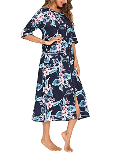 Image of Veseacky Women Robe Zipper Front House Coat 3 /4 Sleeve Nightgown Full Length Ladies Lounge Dress with Pockets S-XXL