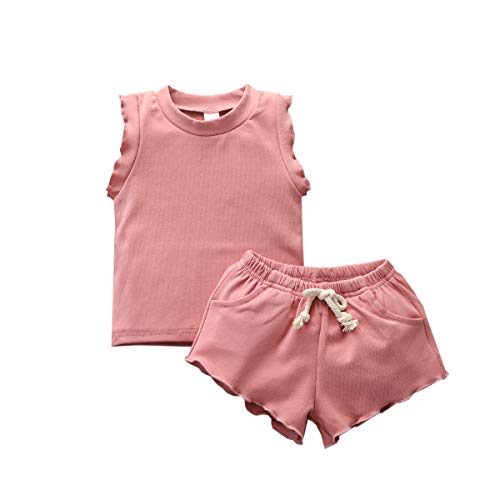 YOUNGER TREE Infant Toddler Baby Girl Summer Clothes Solid Short Sleeve T-Shirt Sets 2pcs Shorts Outfits Kids Cotton Sunsuit (Sleeveless Pink Sets, 6-12 Months)