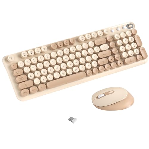 COVEVA Wireless Keyboard and Mouse Combo 2.4GHz USB Receiver Plug and Play Retro Full Size Typewriter Keyboard and Wireless Mouse for Computer Laptop Windows Mac and PC (Milk Tea)