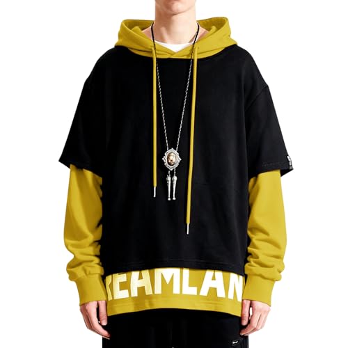 Mens Colorblock Hoodie Casual Patchwork Soft Cotton Pullover Letter Print japanese Hooded Sweatshirt with Design