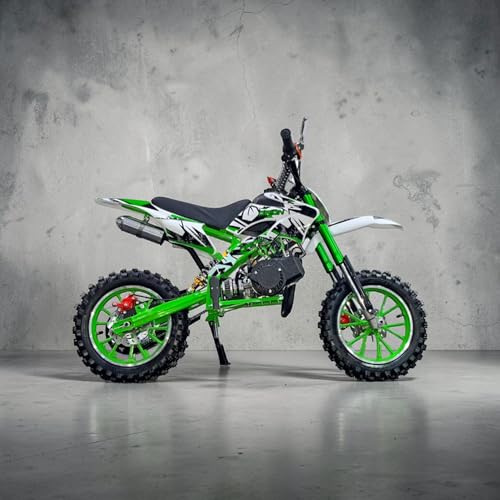 Image of Amaze ZR Super 50cc Petrol Dirt Bike for Kids | 2 Stroke Mini Off Road Bike | Dual Start | Disc Brake | Rear Suspension | Max Speed 45 km /h | Kids Mini Motorcycle (Multicolor Chassis) (Green)