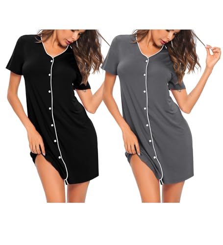 Image of SWOMOG 2 Pack Nightgown for Women V Neck Soft Short Sleeve Sleepshirt Pajama Dress Soft Modal Nightwear