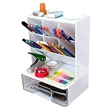 ADVEXGP Desk Tidy Organiser, Pen Holder with Clear Drawer, Stationery & Accessories Storage, White Desk Organiser for Office, Home, Study, Kids & Teachers