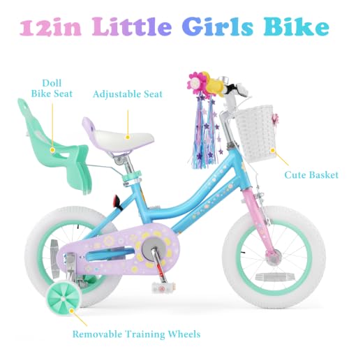 Image of KORIMEFA Girl Bike with Training Wheel, Age 3-12 Princess, 12 /14 /16 /20in | Kids Gift for Ride on Toy, with Basket /Streamers, Coaster Brake, Multi Colors