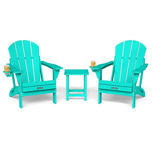 MUCHENGHY Folding Adirondack Chairs and Table Set, Outdoor Chair, Adirondack Chair Plastic, Fire Pit Chair, Weather Resistant with Cup Holder for Deck, Backyard, Garden(Lake Blue, 3-Piece)
