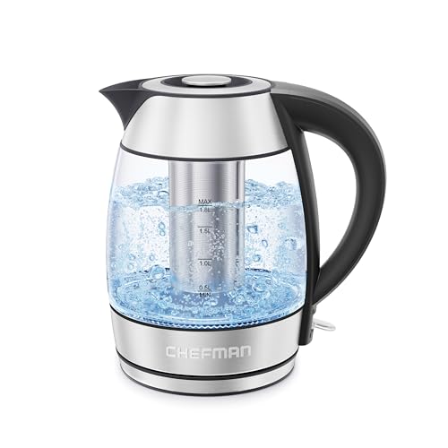 Chefman Electric Glass Kettle LED Indicator Lights, 360 deg Swivel Base, BPA Free, Stainless Steel, 1.8 Liters