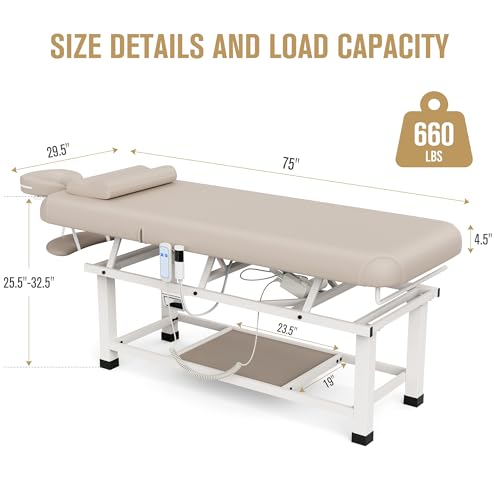 Image of pouseayar Heavy Duty Electric Stationary Massage Table with Heating Function, Backrest Adjustable and Storage Space for Treatment /Medical Spa /Facial /Beauty /Massage Bed - 30 x 75 - Beige Gray