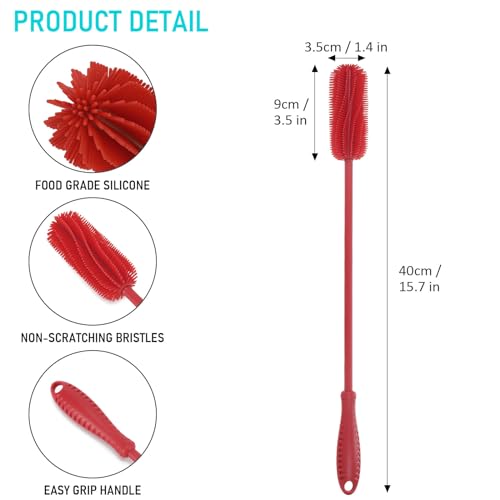 Image of 15.7 inch Silicone Bottle Brush, ddLUCK Water Bottle Cleaner Brush for Stanley, Hydroflasks, Glass, Thermos Sports Bottle, Vase and Glassware, Bottle Brush Cleaner for Small Narrow Neck Containers (Red)