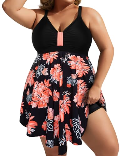 Hanna Nikole One Piece Swimdresses for Curvy Women Cute Color Block Swimwear Flattering Swim Suits Orange Floral 2XL