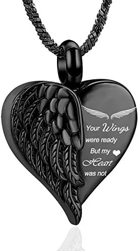 Yinplsmemory Love Heart Urn Necklace for Ashes Keepsake Memorial Cremation Jewelry Stainless Steel Angel Wing Ashes Holder Memorial Gift for Loss of Father/Mother/Pet (Black)
