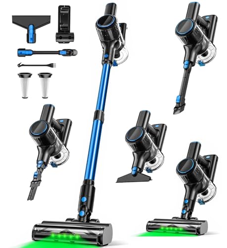 OUYFHK Cordless Vacuum Cleaner, 8-in-1 Vacuum Cleaners for Home, 45Mins Runtime, Anti-Tangle Stick Vacuum with LED Display, Rechargeable Lightweight Vacuum for Pet Hair/Carpet/Floor (Blue)
