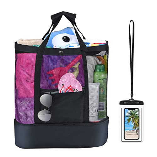 Bolsas Playa, Bolsa de Playa Grande, Bolso Impermeable Playa, Bolsa Playa Grande XXL Familiar, Bolsa de Playa Malla con Pequeña Bolsa Impermeable para Viajes Playa Natación Camping Gimnasio（Negro）