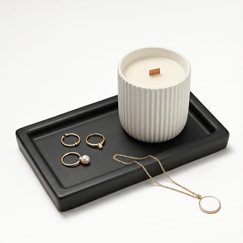 MaisoNovo Plateau de Salle de Bain Noir, Ceramic Faite Main 7.4x5.1 inch pour Savon, Parfum, Bijoux, résistant à l'humidité, 4 Patins antidérapants