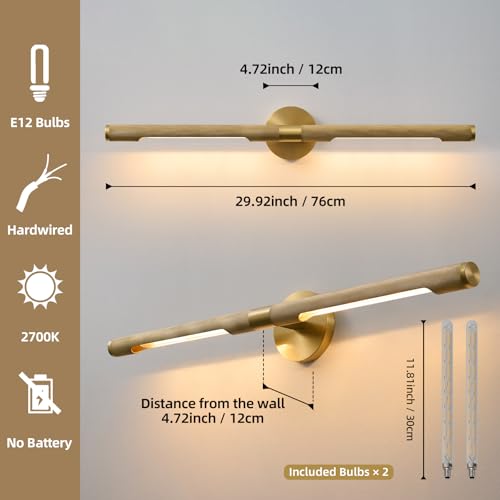 Museum Gallery Bathroom Picture Light - 30 Inch Long Gold Brass Dimmable Hardwired Wall Sconces with E12 Bulb - Frame Pictures Art Deco Sconce Lights for Painting Photo Artwork Library Vanity Over by Mazu house - Image 3