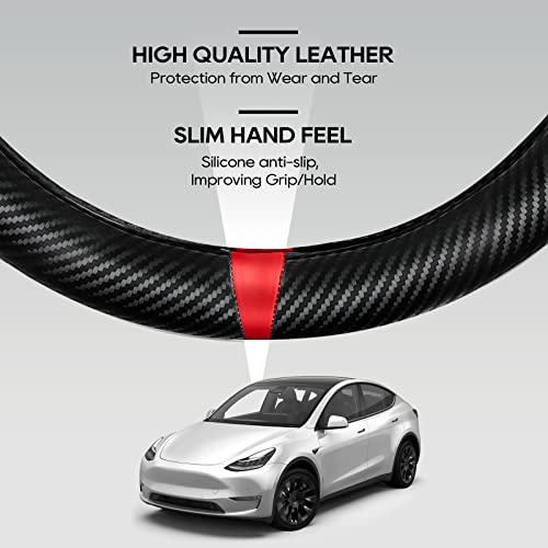 Carbon Fiber Steering Wheel Cover For Tesla Model 3/Y, Red Napa Leather, Easy To Grip, Tight Fit, Black Steering Wheel Covers For Model 3/Y Accessories (Red Napa-Carbon Fiber) #TOP2