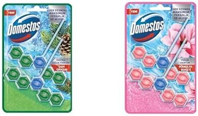 Domestos WC Blok 5'li Güç Çam Ferahlığı 600 Sifona Kadar Güçlü Temizlik 110 gr İkili Paket ve Domestos WC Blok 5'li Güç Tuvalet Bloğu Manolya Ferahlığı Maksimum Hijyen 100 G