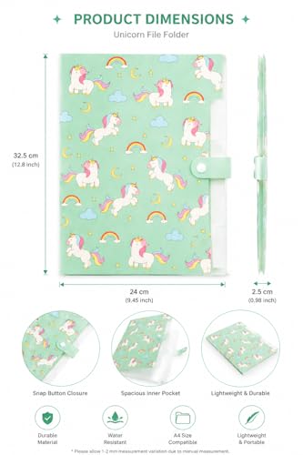Image of A4 Paper File Folder with Button Lock - Unicorn Theme Expandable Document Holder | 6 Pocket Office & School Certificate File | Multicolor Random Design (Pack of 2)