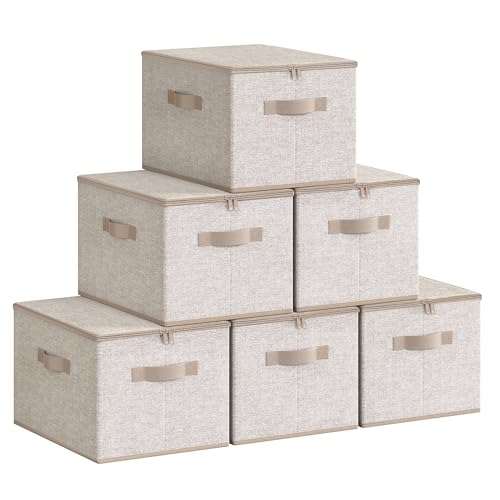 SONGMICS Aufbewahrungsbox mit Deckel, 6er Set, faltbare Stoffbox mit Griffen, Aufbewahrung für Kleidung, 40 x 30 x 25 cm, Vliesstoff, sandbeige RZB003K02