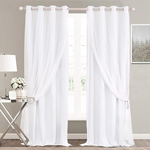 Image of Winter White Curtains Double Layered Solid and Sheer Window Treatment Panels Pair with Grommet Top for Living Room Patio Door, 52 x 96 inches, Winter White, 2 PCs