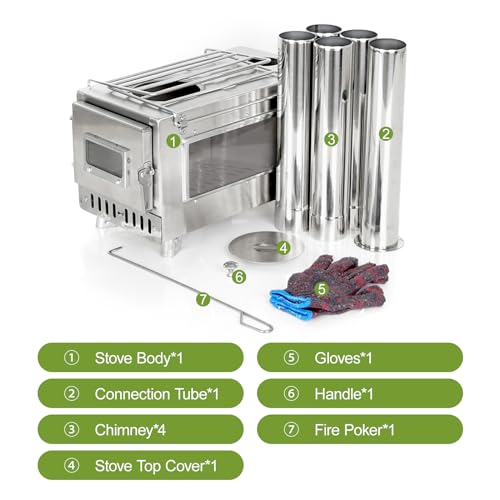 Camping Tent Stove Portable Wood Burning Stove with 5 Pipes for Camping Hiking Travel - Image 2