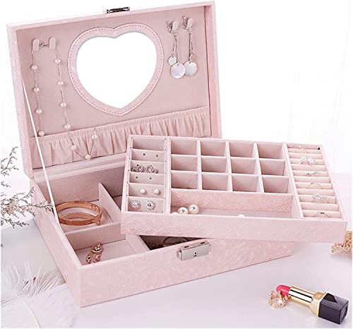 Boîte de bijoux avec miroir en coeur et cuir gaufré feuilles