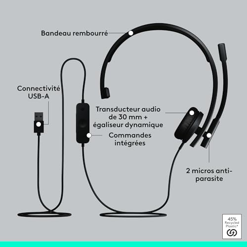 Logitech H570e, Casque USB avec Microphone pour PC et Mac, Casque Filaire USB-A avec Son Mono, micros Anti-Parasite et Commandes intégrées, certifié pour Microsoft Teams, Noir