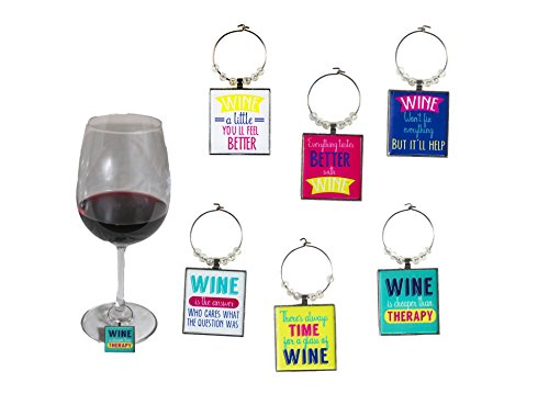 Funny Art Quote Wine Charm Set of 6 Fun inspirational word Unique Ring Theme Label Champagne Glass Marker Accessories Gift Idea for Women Men Boy Girl kid Happy Birthday Party Event Engagement