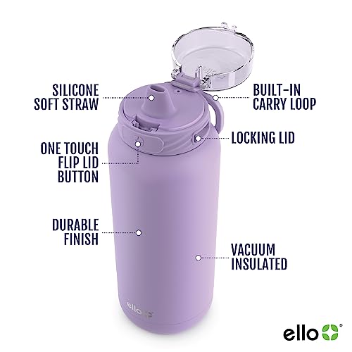 Ello Cooper 22oz Stainless Steel Water Bottle with Straw and Carry Handle, Double Walled and Vacuum Insulated Metal, Leak Proof Locking Lid with Soft Silicone Spout, Reusable, BPA Free, Lilac - Image 3