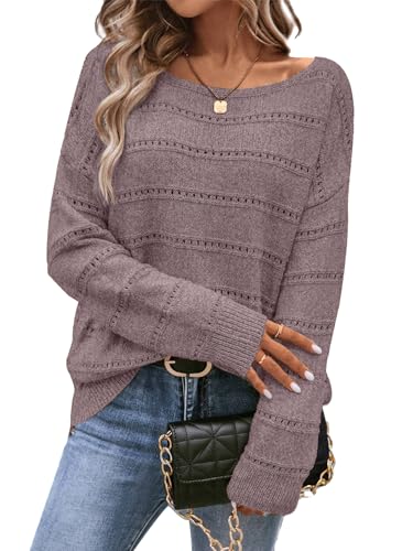 Image of Women's Sweater Soft Boat Neck Long Sleeve Oversized Sweaters Crochet Pullover Knit Tops
