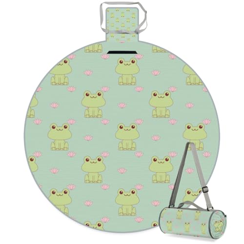Shimoshe Lotus Frog Picnic Outdoor Blanket Foldable Waterproof Sandproof Beach Blanket Portable Water-Resistant Round Picnic Mat for Travel Camping Park Lawn