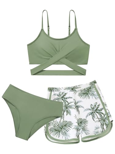 Image of Girl's 3 Piece Bikini Set Cross Strap Swimsuits for Girls Bathing Suit with Shorts Teen Swimwear Swimming Suit