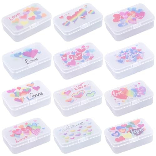 Image of Goodma 12 Pieces Love Hearts Image Pattern Rectangular Plastic Boxes Empty Storage Organizer Containers with Hinged Lids for Small Items and Other Craft Projects, 3.3 x 2.2 x 1 inch (Frosted White)