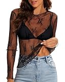 WIHOLL Mesh Top Women Long Sleeve Lace Layering See Through Lightweight Trendy Floral Sexy Embroidery Outfit Black M
